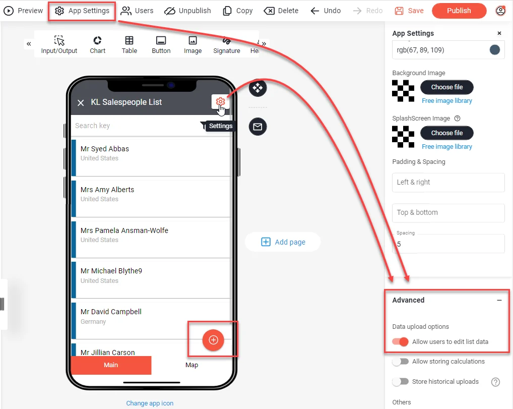 App Settings with Allow users to edit list data enabled under Advanced and the plus button highlighted in the preview