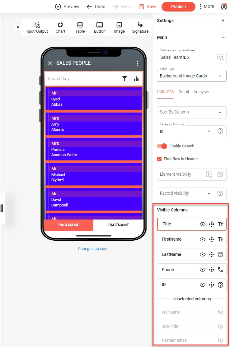 Visible Columns list highlighted, each column shown as a box with eye, move and column type icons, hidden columns below