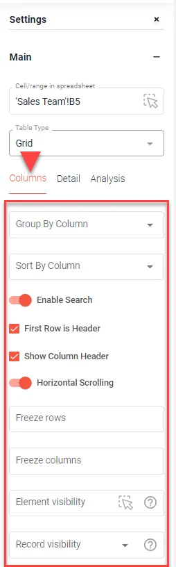 Columns tab with its settings highlighted, such as Group By, Sort By, Enable Search, header options, freeze and visibility