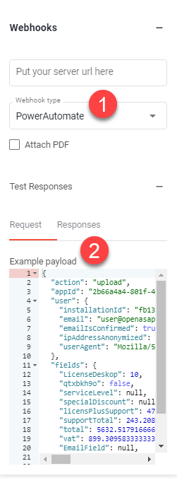 Webhooks section with Webhook type set to PowerAutomate as step 1 and the Example payload as step 2