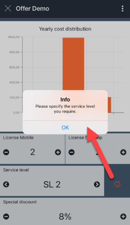 Offer Demo app with an Info popup reading Please specify the service level you require, opened via the info icon