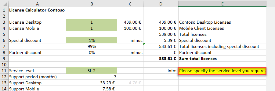 Excel sheet with the highlighted cell E11 containing the text Please specify the service level you require