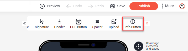 Element ribbon in the App Designer with Info Button highlighted next to Upload