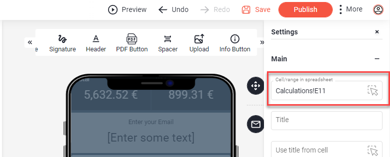 Info Button settings, Main section, with the field Cell/range in spreadsheet set to Calculations!E11