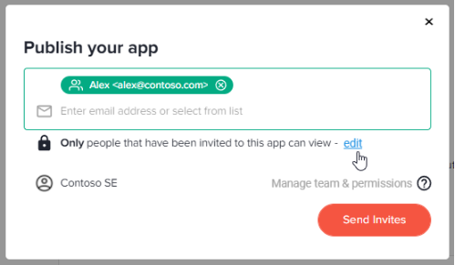 Publish your app dialog with an invited email address, the note Only invited people can view and the Send Invites button