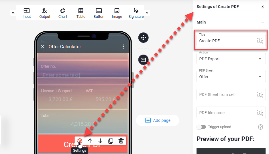 Settings of Create PDF panel with the Title field highlighted, the PDF file name field is shown below it