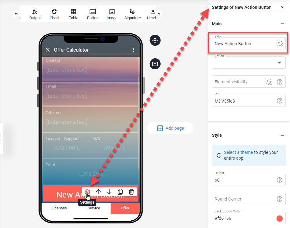 App Designer with the Settings icon on the Button and its settings panel, Title field New Action Button highlighted