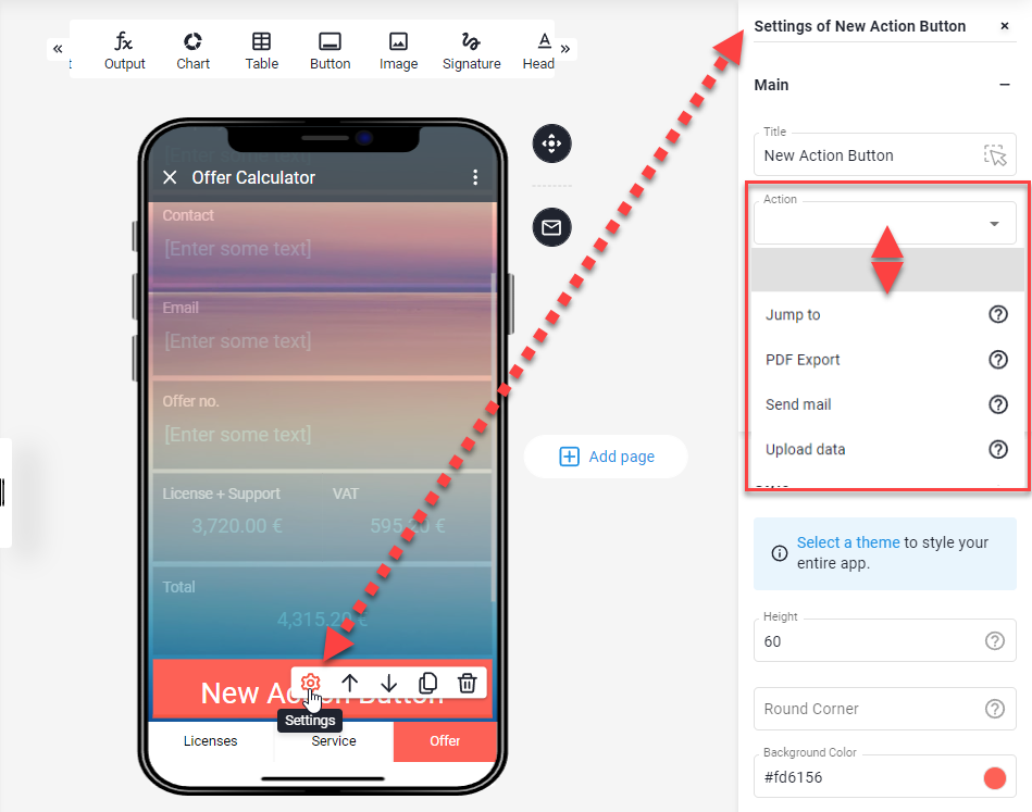 Button settings with the open Action drop-down listing Jump to, PDF Export, Send mail and Upload data