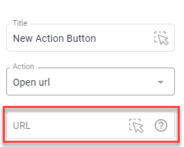 Button settings with Action Open url and the empty URL field highlighted