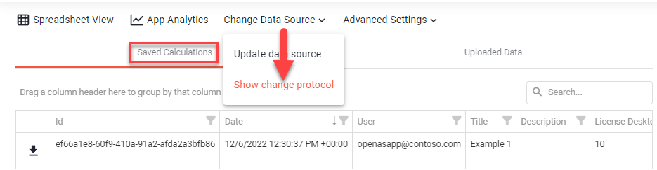 Portal app view with an arrow pointing to Show change protocol and the Saved Calculations tab highlighted