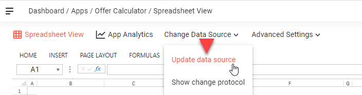 Change Data Source menu in the Editor with an arrow pointing to Update data source