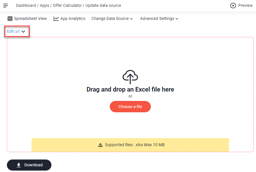 Update data source page with the Edit url link highlighted above the upload area