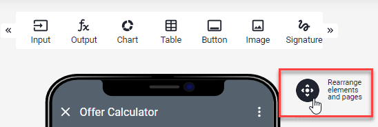 App Designer with the Rearrange elements and pages button next to the app preview highlighted in red