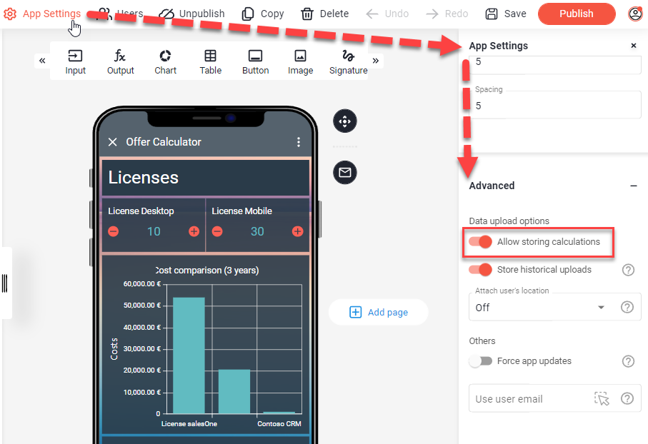 App Settings panel in the App Designer, an arrow points to the Advanced section with Allow storing calculations highlighted