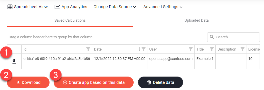 Saved Calculations table with the row download icon marked 1, the Download button 2 and Create app based on this data 3