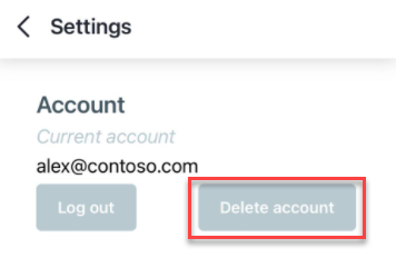 Settings screen with the Account section showing the current account, the Delete account button highlighted