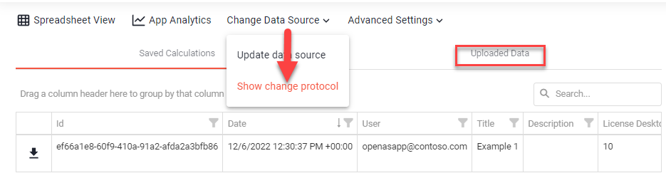 Change Data Source menu with Show change protocol selected and the Uploaded Data tab highlighted
