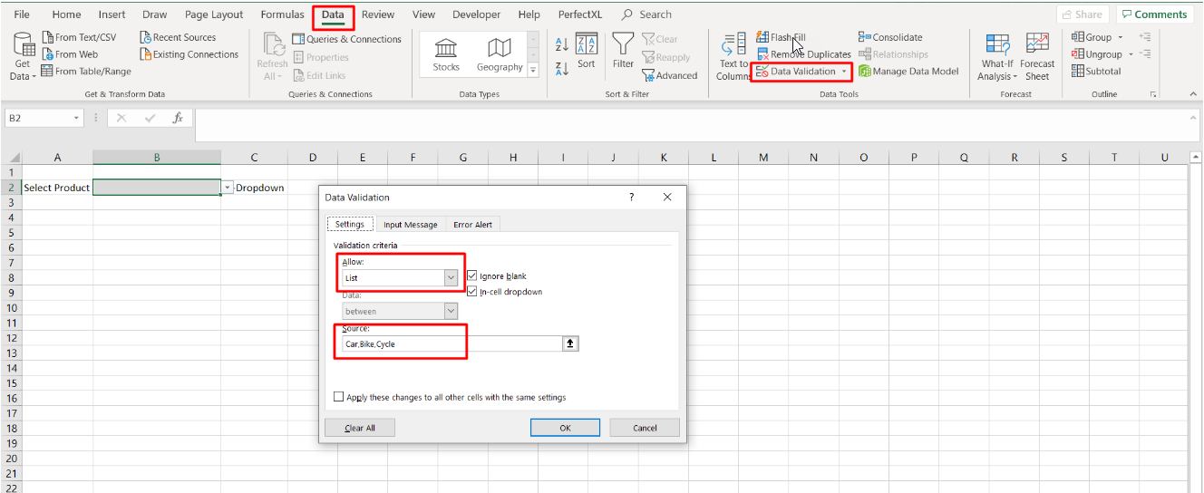 Excel Data Validation dialog with Allow set to List and the values Car, Bike, Cycle typed directly into the Source field