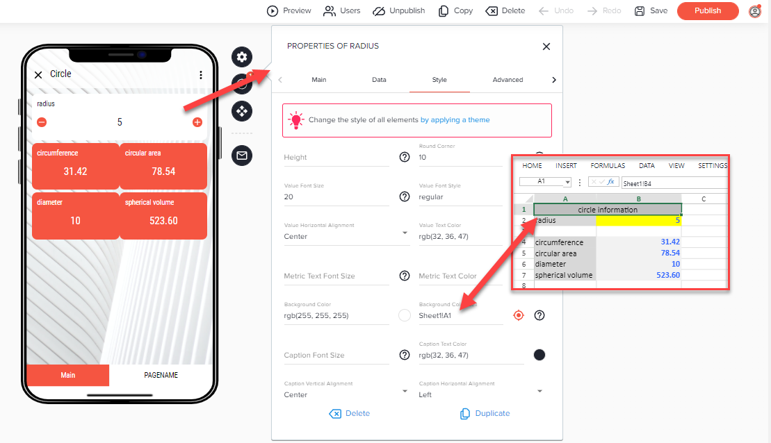 Style tab of the radius element: Background Color refers to Sheet1!A1, which contains the text circle information