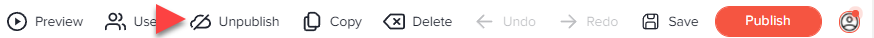 Top menu of the Web Portal with an arrow pointing to the Unpublish button