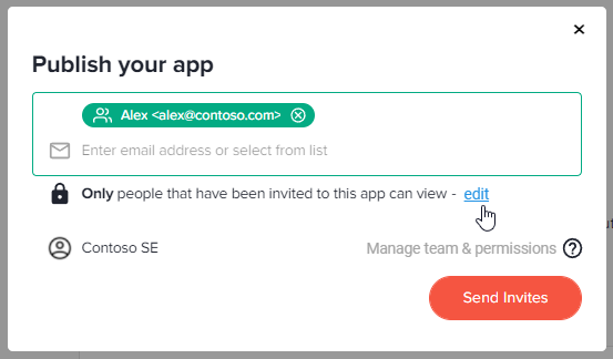 Publish your app dialog with an invited email address and the option Only people that have been invited can view