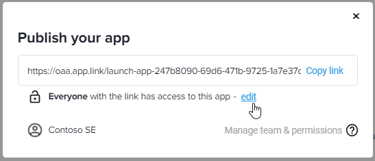 Publish your app dialog with the share link, Copy link and the option Everyone with the link has access