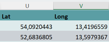Excel columns Lat and Long with latitude and longitude values as decimal numbers