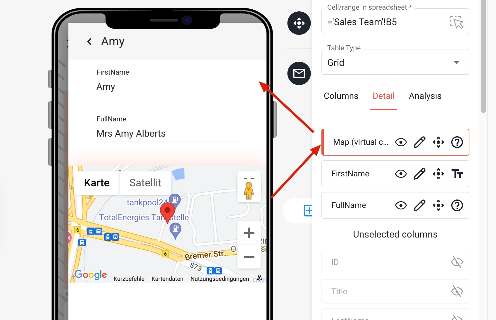 Detail tab with the virtual Map column highlighted and the detail dialog in the preview showing a map with a pin