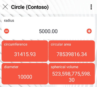 Circle app on Android in English: radius input 5000.00 without thousands separator, results such as 31415.93