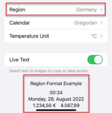 iOS region settings with Region set to Germany and the format example 1.234,56 € and 4.567,89