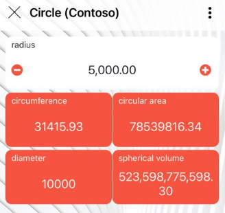 Circle app on iOS with US region: radius 5,000.00 and results such as 31415.93 with a decimal point