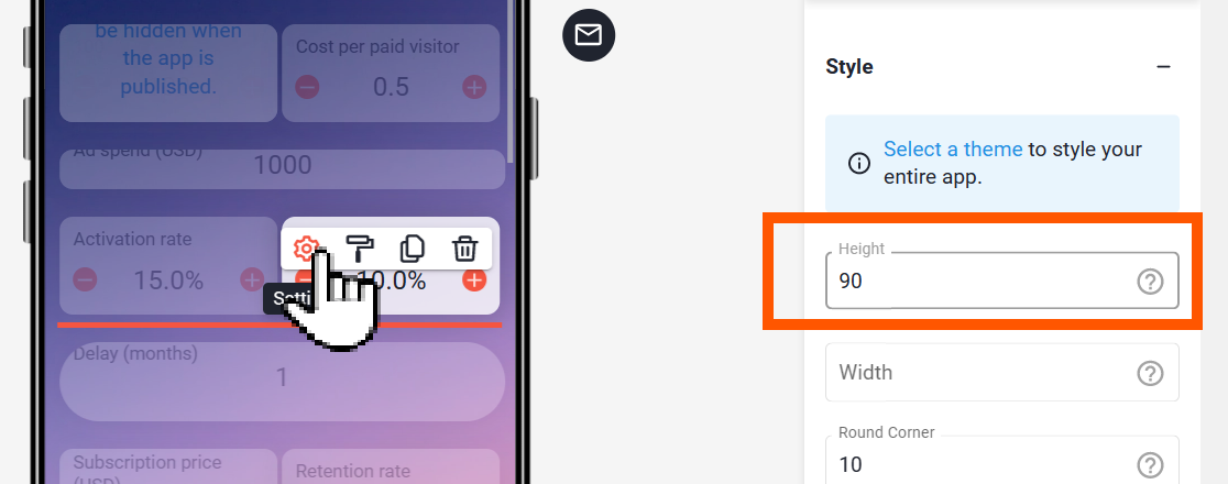 Element editor opened via the settings gear, Style section with the Height field set to 90