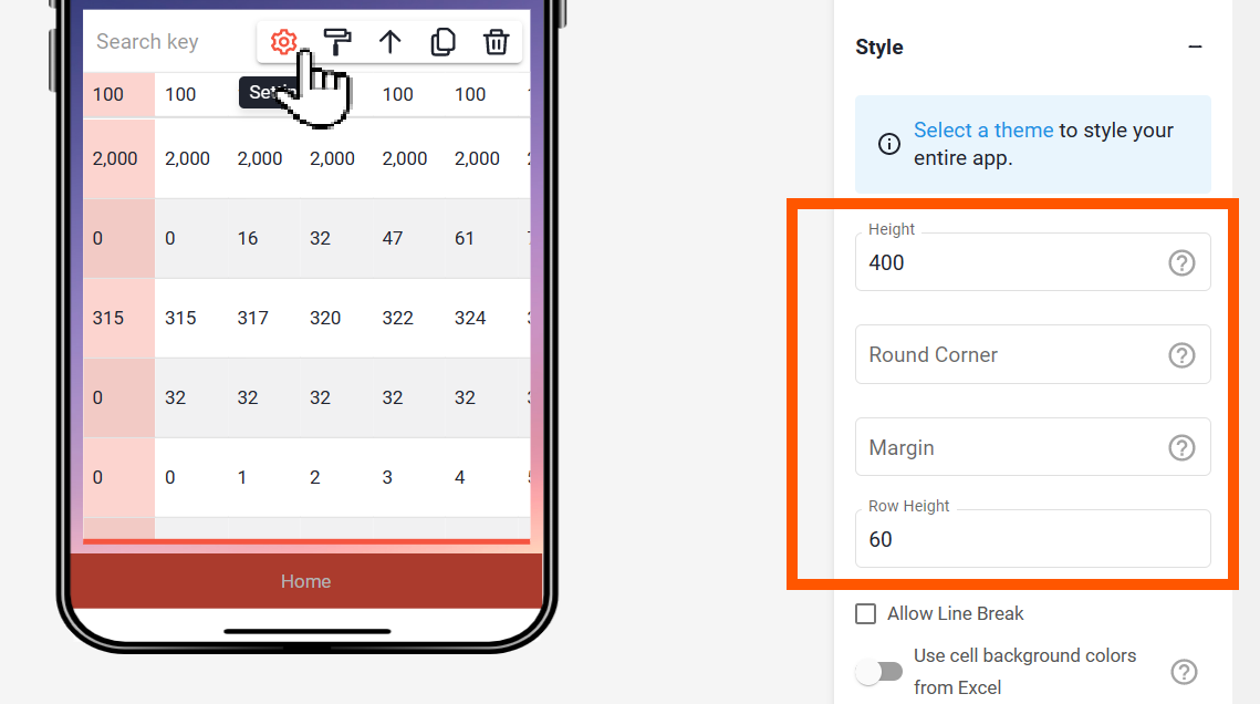 List editor Style section with Height 400 and Row Height 60 highlighted