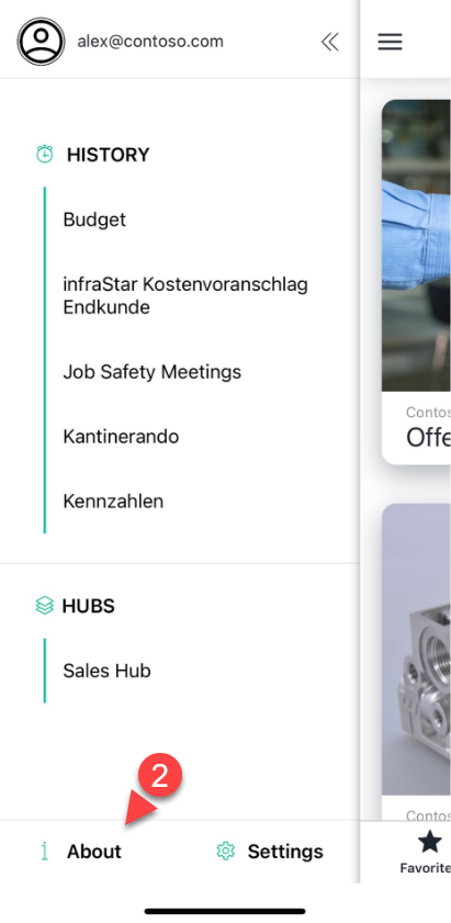 Open side menu of the app with History and Hubs entries, the About entry at the bottom marked as step 2