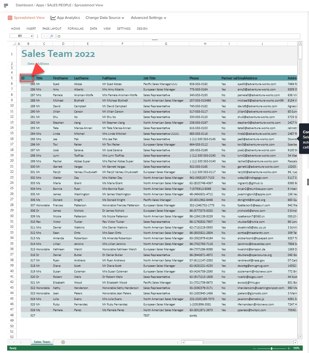 Spreadsheet view in the App Designer with an arrow pointing to cell B5 ID, the starting point of the Sales Team list