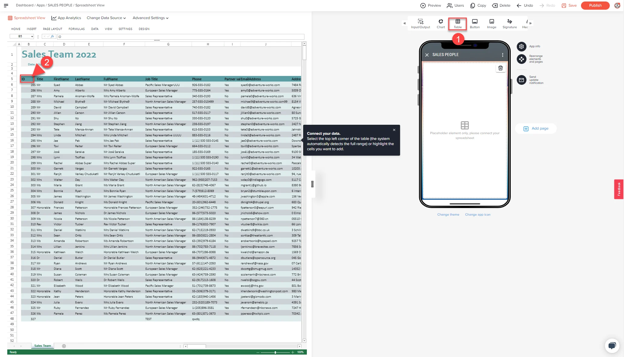 App Designer with the Table element selected in the toolbar and the top left cell ID of the Sales Team sheet marked