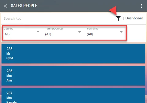 Filter row in the app list view with dropdowns Country, TerritoryGroup and FullName highlighted below the search field