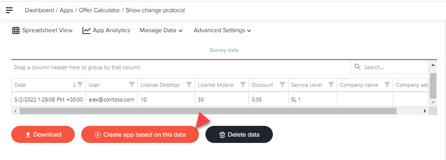 Show change protocol page with an arrow pointing to the Create app based on this data button