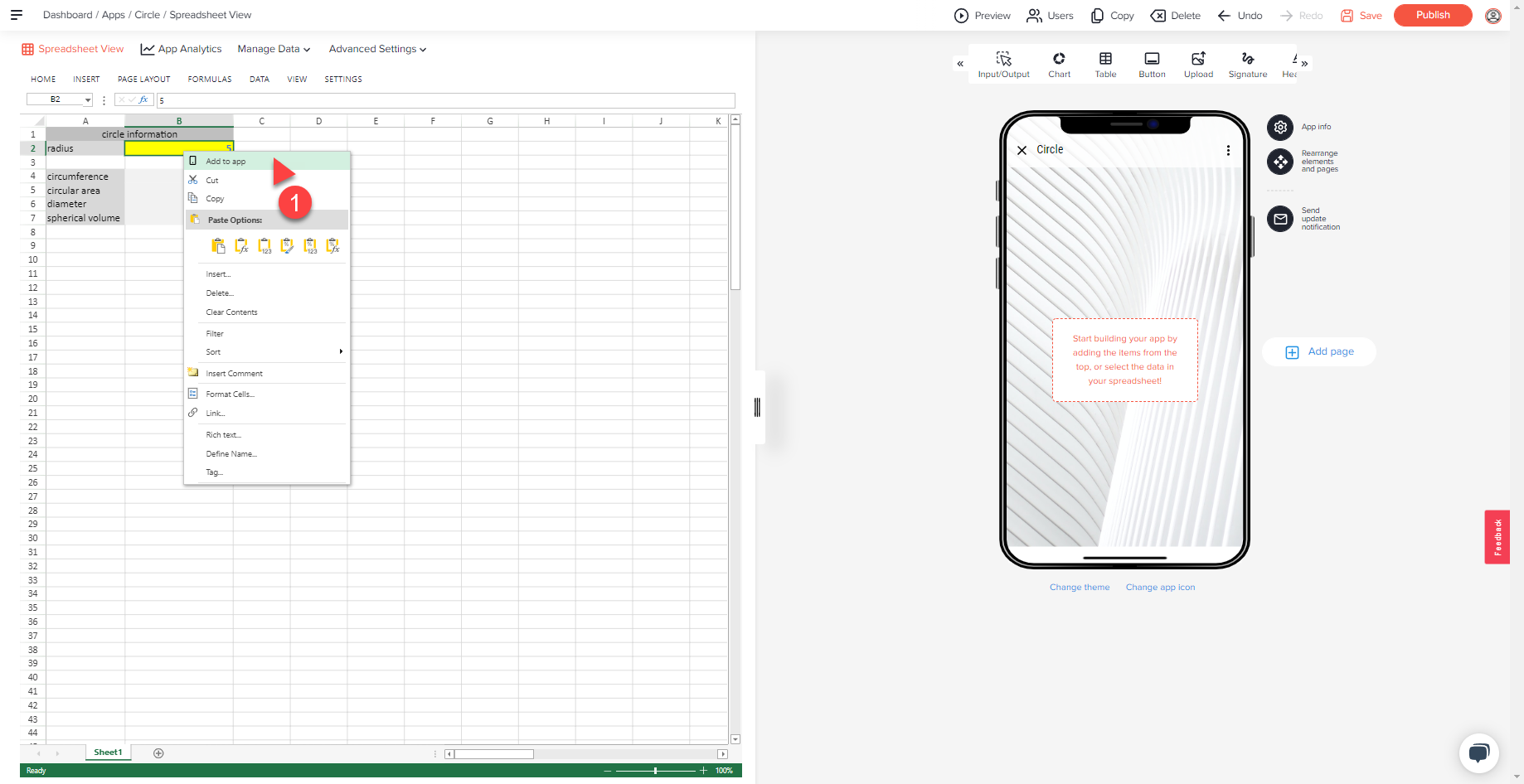 Spreadsheet View with the right-click menu on cell B2, the Add to app entry marked with arrow 1, empty app preview at right