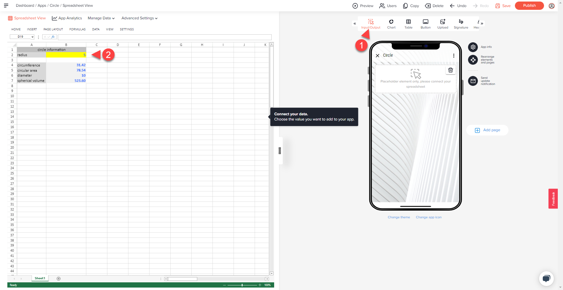 Input/Output element in the toolbar marked 1, placeholder element in the preview and arrow 2 pointing at cell B2