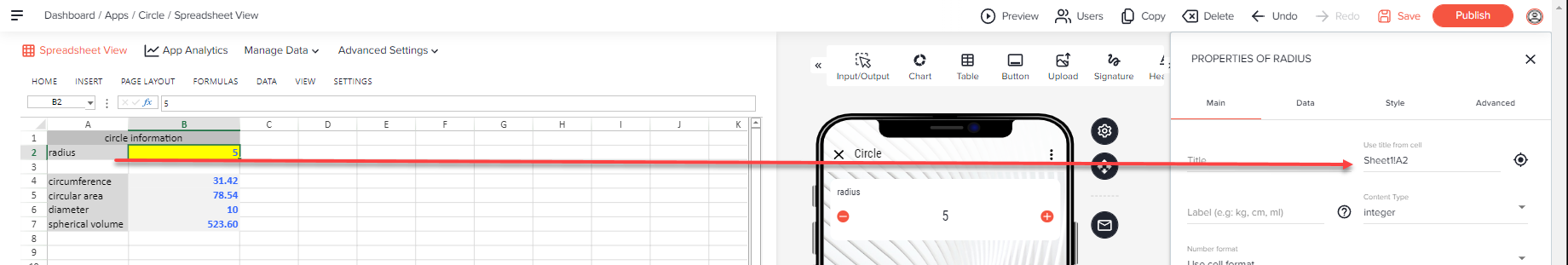 Arrow from label cell A2 radius in the spreadsheet to the field Use title from cell with Sheet1!A2 in the element properties