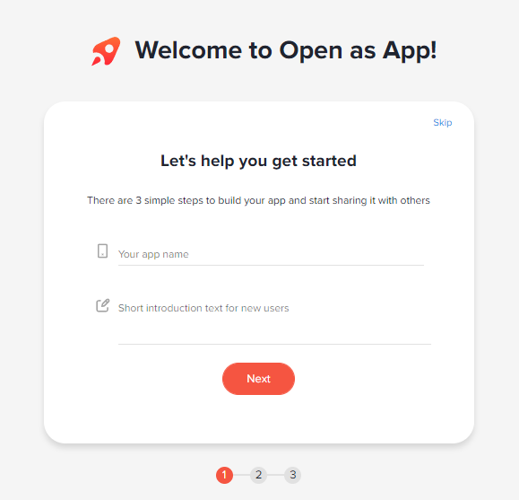 Welcome wizard step 1 with fields for the app name and a short introduction text and the Next button