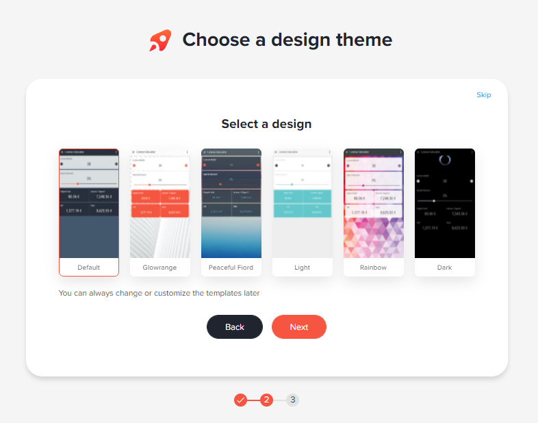 Choose a design theme step with six theme previews such as Default, Gloworange, Light and Dark, Default is selected