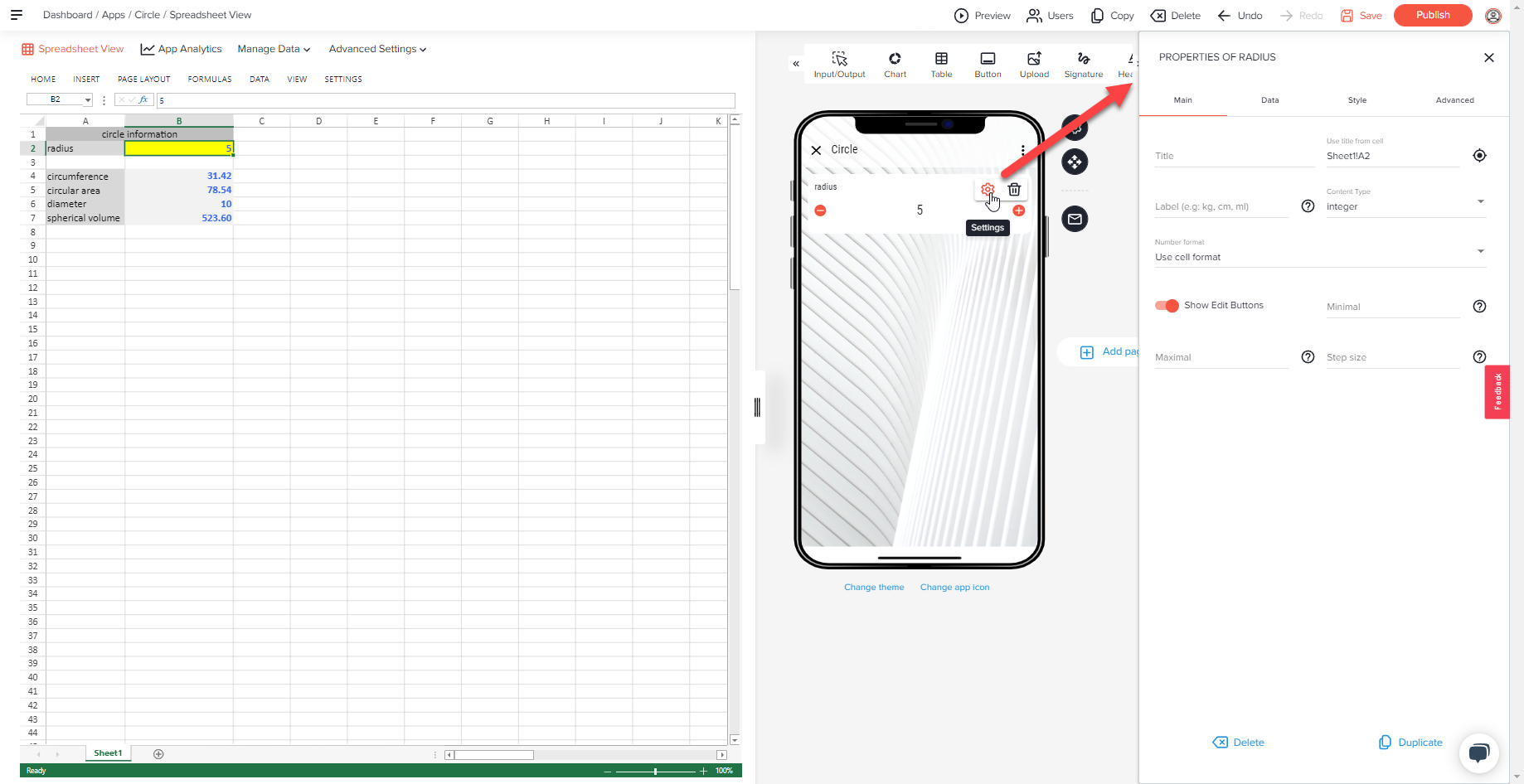 Radius element in the app preview with settings gear, an arrow points to the Properties of Radius panel with the Main tab open
