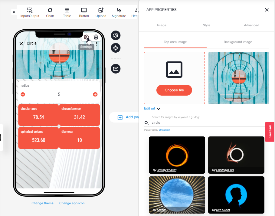 Gear icon next to the app name with Settings tooltip and the App Properties panel open on the Image tab with Top area image