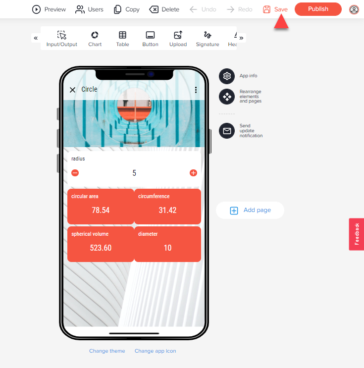 App preview with the new top area image, an arrow points to the Save button in the top bar