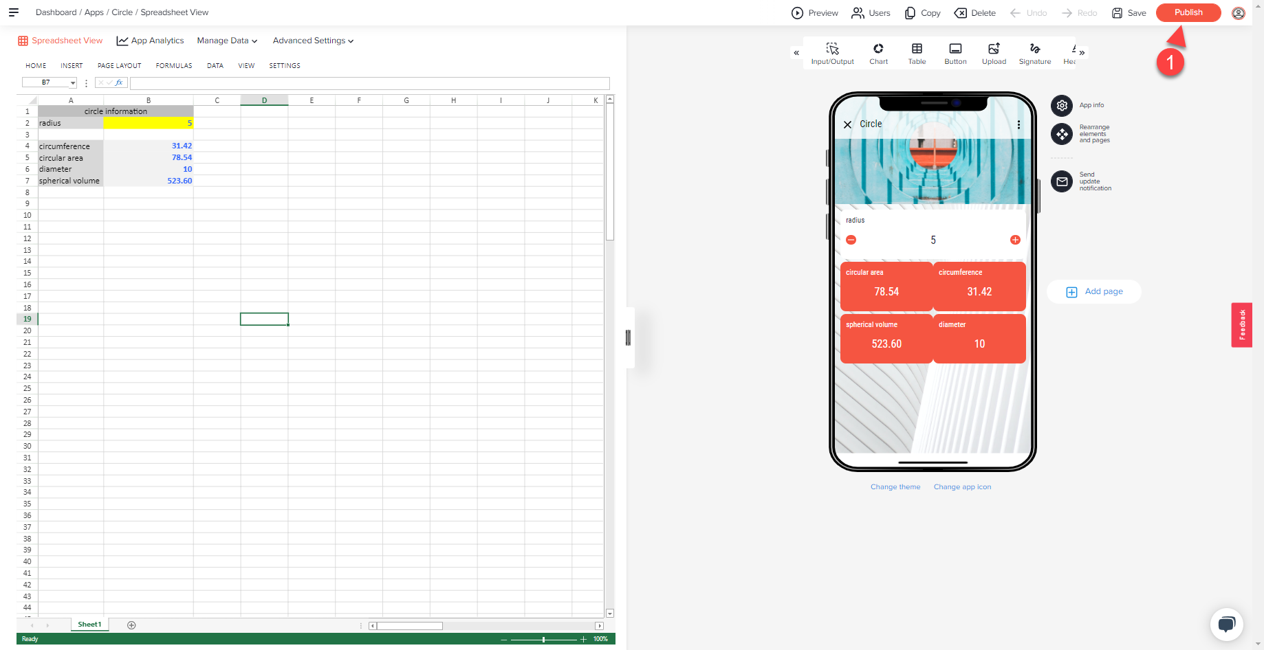 Finished Circle app in the App Designer, the Publish button at the top right is marked with arrow 1