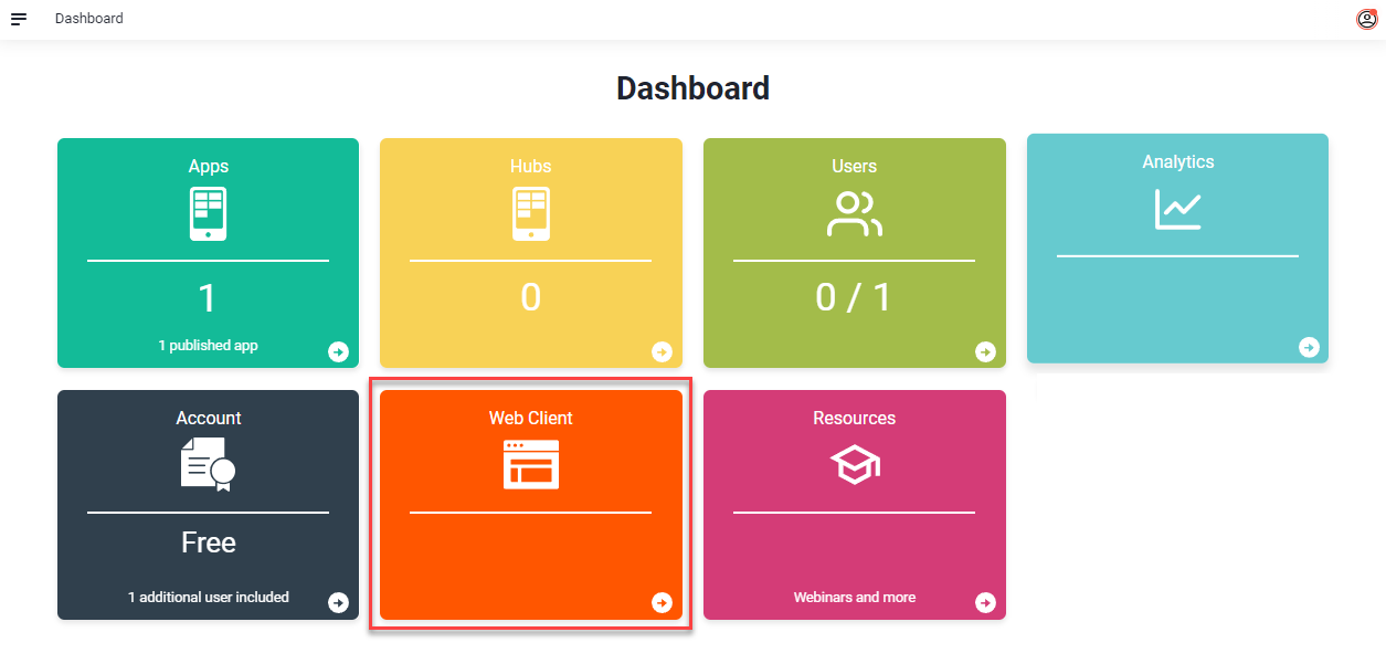 Dashboard of the Web Portal with the Web Client tile highlighted in red
