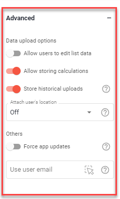 Advanced section with the Data upload options toggles, Attach user location and the Use user email field under Others