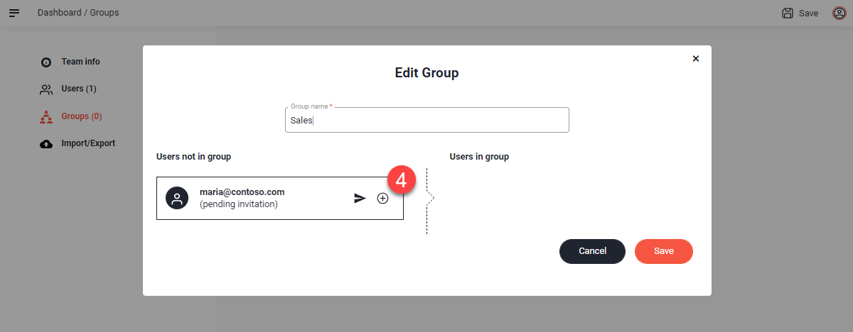 Edit Group dialog with a user in the Users not in group list on the left and the plus icon marked as step 4